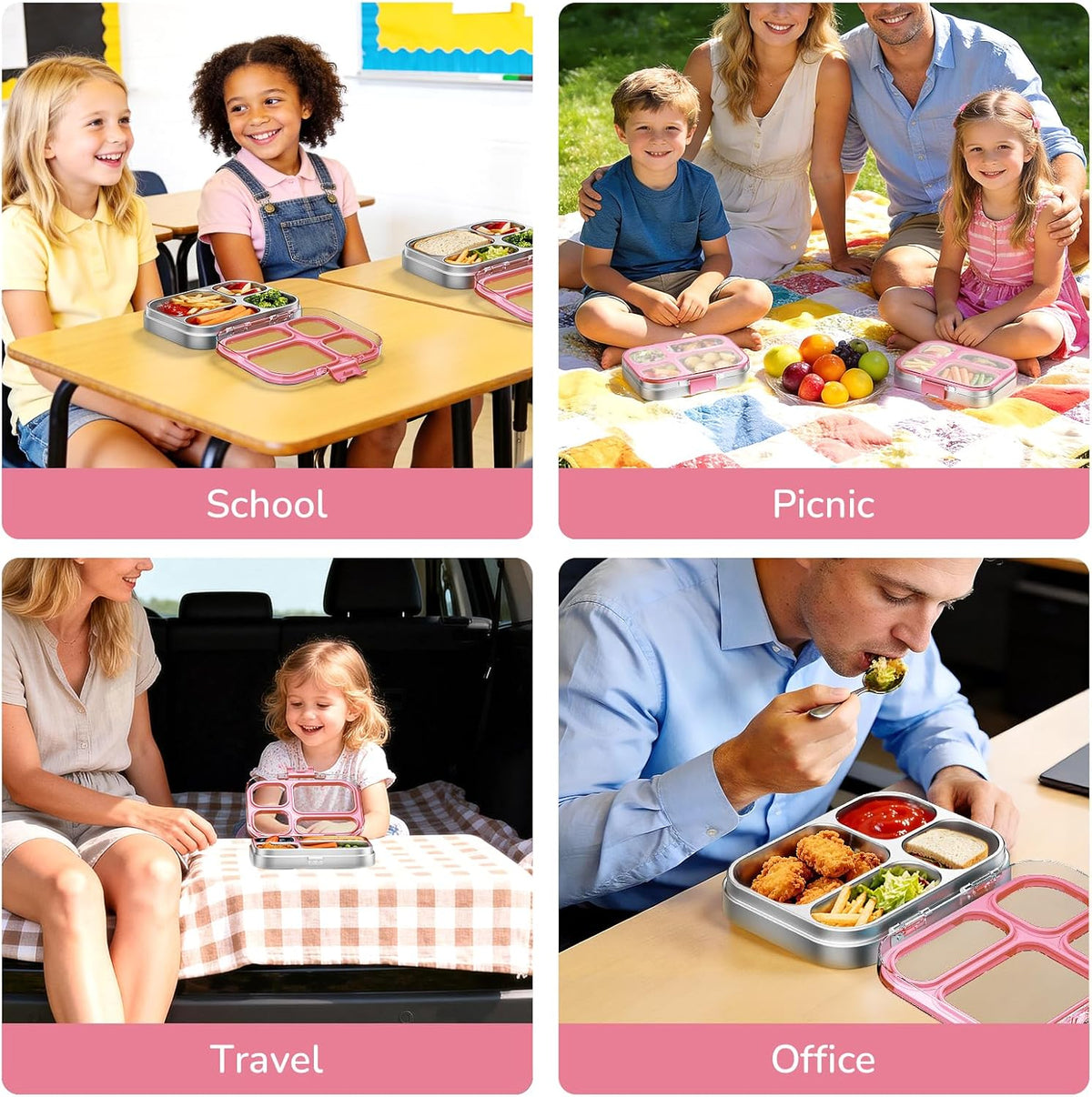 Stainless Steel Bento Lunch Box, Pink, 800 ml/27 oz