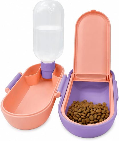 2-in-1 Dog Water Bottle with Food Container (10oz + 9.5oz), Leak-Proof Portable Dog Travel Water Bottle with Built-in Bowl & Dispenser, Easy to Use (Pink&Purple)