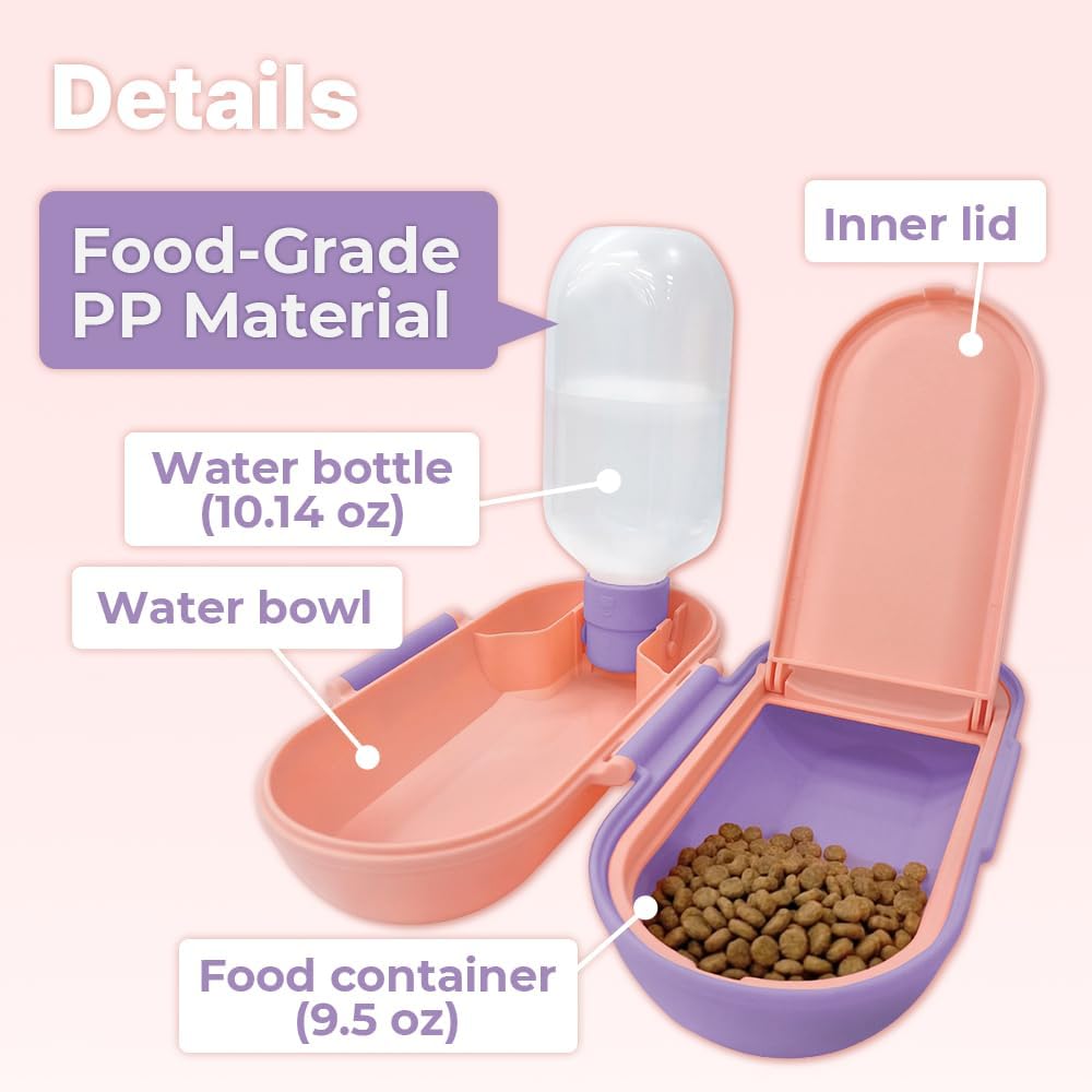 2-in-1 Dog Water Bottle with Food Container (10oz + 9.5oz), Leak-Proof Portable Dog Travel Water Bottle with Built-in Bowl & Dispenser, Easy to Use (Pink&Purple)