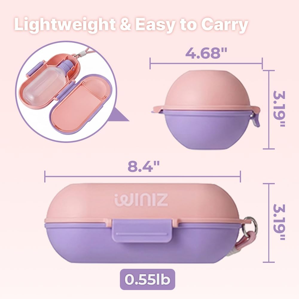 2-in-1 Dog Water Bottle with Food Container (10oz + 9.5oz), Leak-Proof Portable Dog Travel Water Bottle with Built-in Bowl & Dispenser, Easy to Use (Pink&Purple)