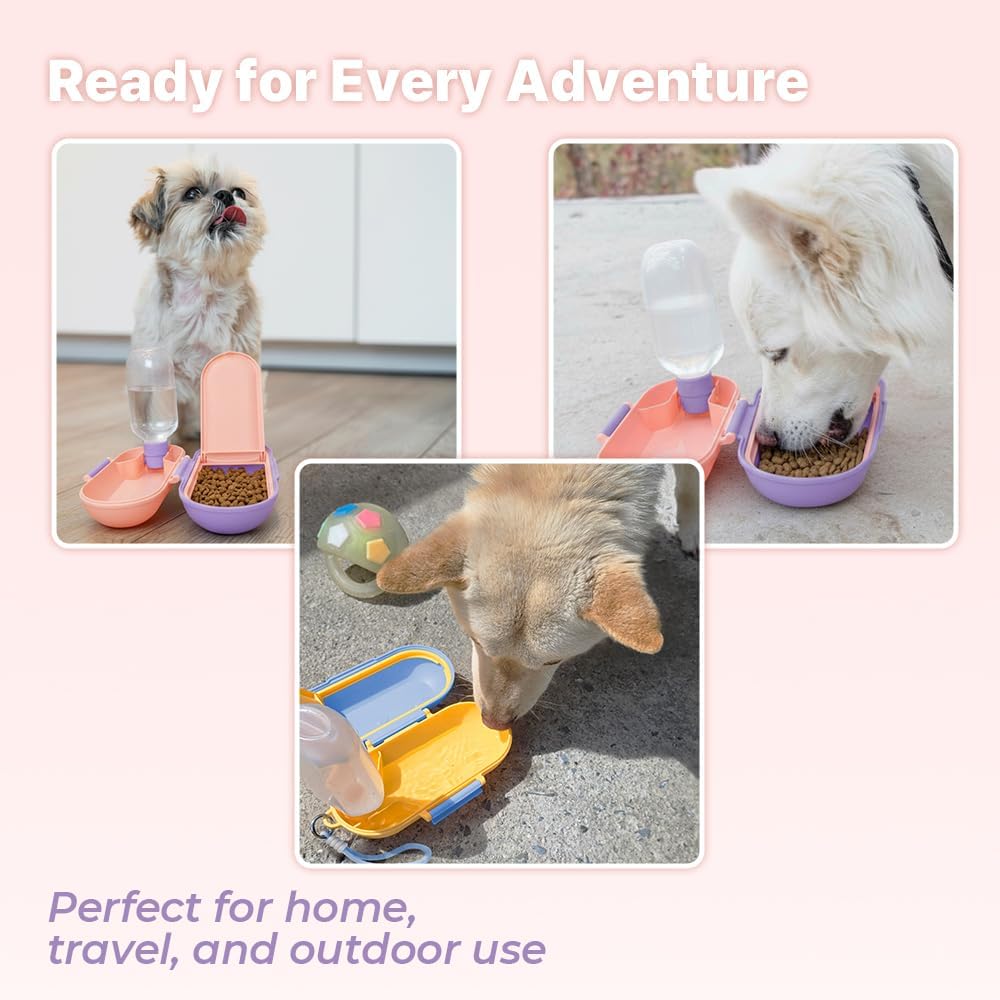 2-in-1 Dog Water Bottle with Food Container (10oz + 9.5oz), Leak-Proof Portable Dog Travel Water Bottle with Built-in Bowl & Dispenser, Easy to Use (Pink&Purple)