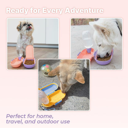 2-in-1 Dog Water Bottle with Food Container (10oz + 9.5oz), Leak-Proof Portable Dog Travel Water Bottle with Built-in Bowl & Dispenser, Easy to Use (Pink&Purple)