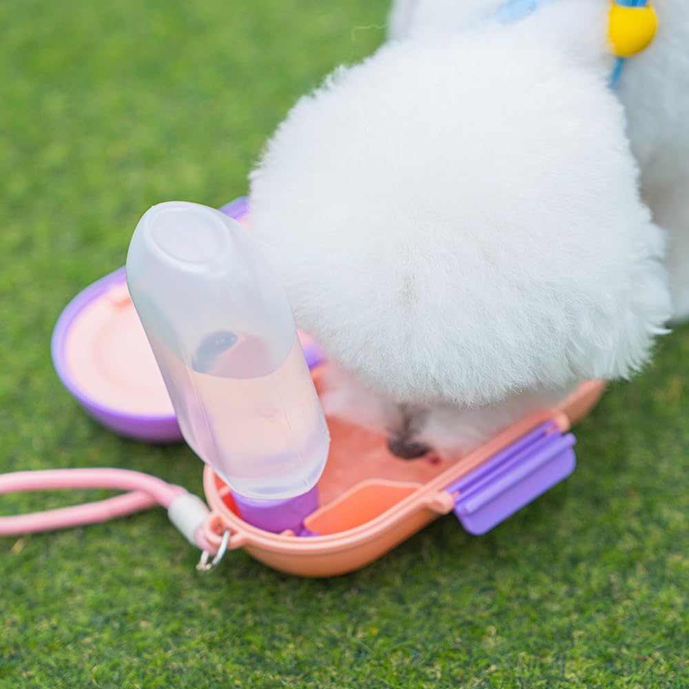 2-in-1 Dog Water Bottle with Food Container (10oz + 9.5oz), Leak-Proof Portable Dog Travel Water Bottle with Built-in Bowl & Dispenser, Easy to Use (Pink&Purple)