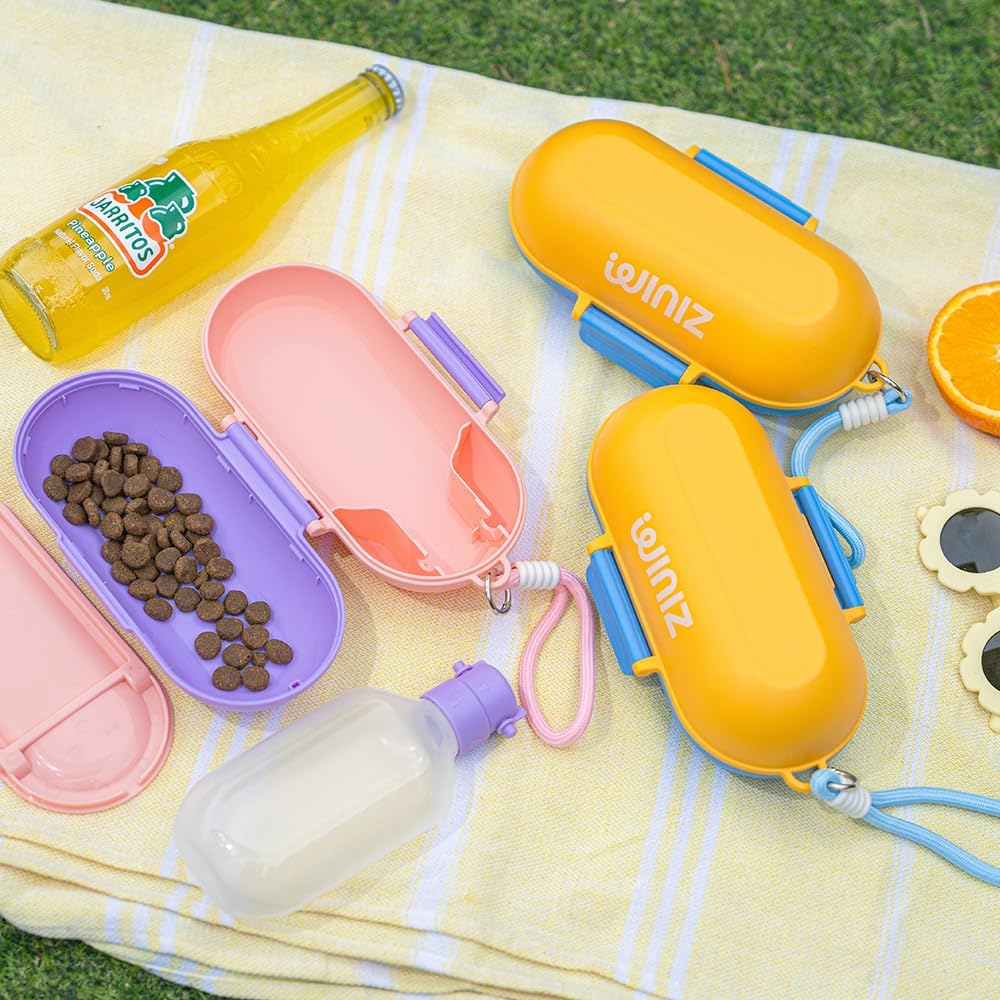 2-in-1 Dog Water Bottle with Food Container (10oz + 9.5oz), Leak-Proof Portable Dog Travel Water Bottle with Built-in Bowl & Dispenser, Easy to Use (Pink&Purple)
