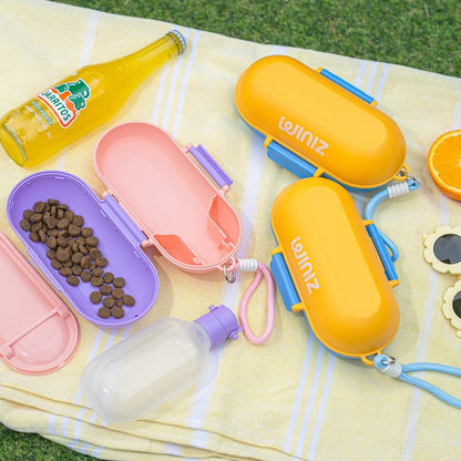 2-in-1 Dog Water Bottle with Food Container (10oz + 9.5oz), Leak-Proof Portable Dog Travel Water Bottle with Built-in Bowl & Dispenser, Easy to Use (Pink&Purple)