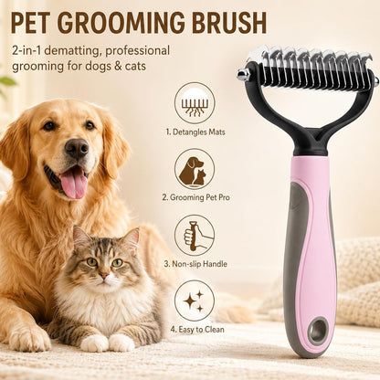 2Pcs Pet Knotter for Dogs/Cats, Double Sided Pet Grooming Brush,Undercoat Rake Pets Brush for Long Hair Professional Deshedding Tool, Pets Hair Remover Shedding(Blue+Pink, Large)