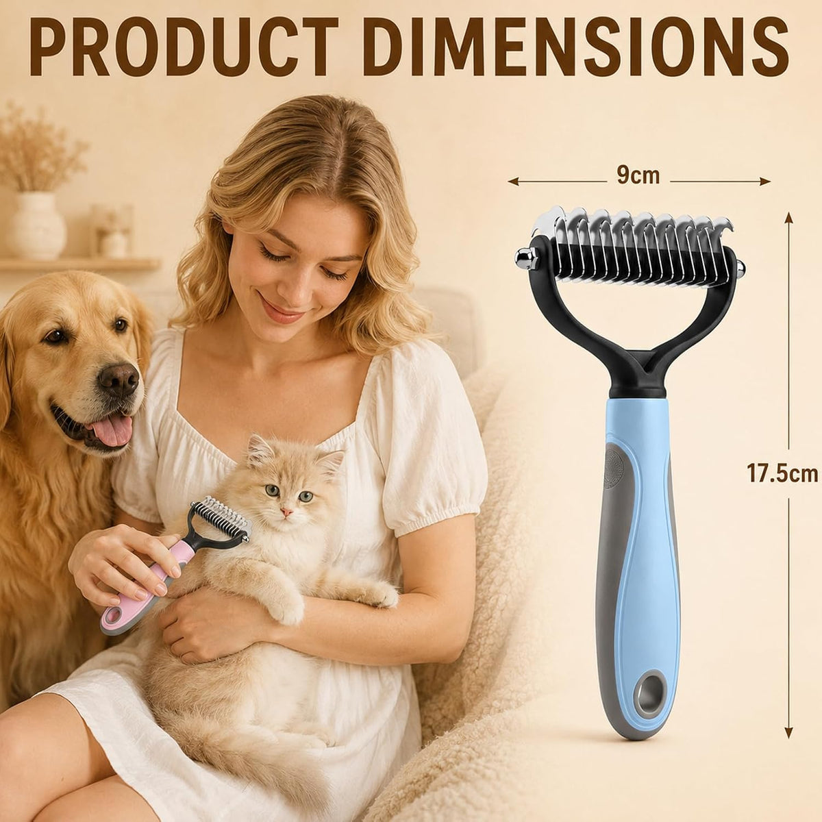 2Pcs Pet Knotter for Dogs/Cats, Double Sided Pet Grooming Brush,Undercoat Rake Pets Brush for Long Hair Professional Deshedding Tool, Pets Hair Remover Shedding(Blue+Pink, Large)