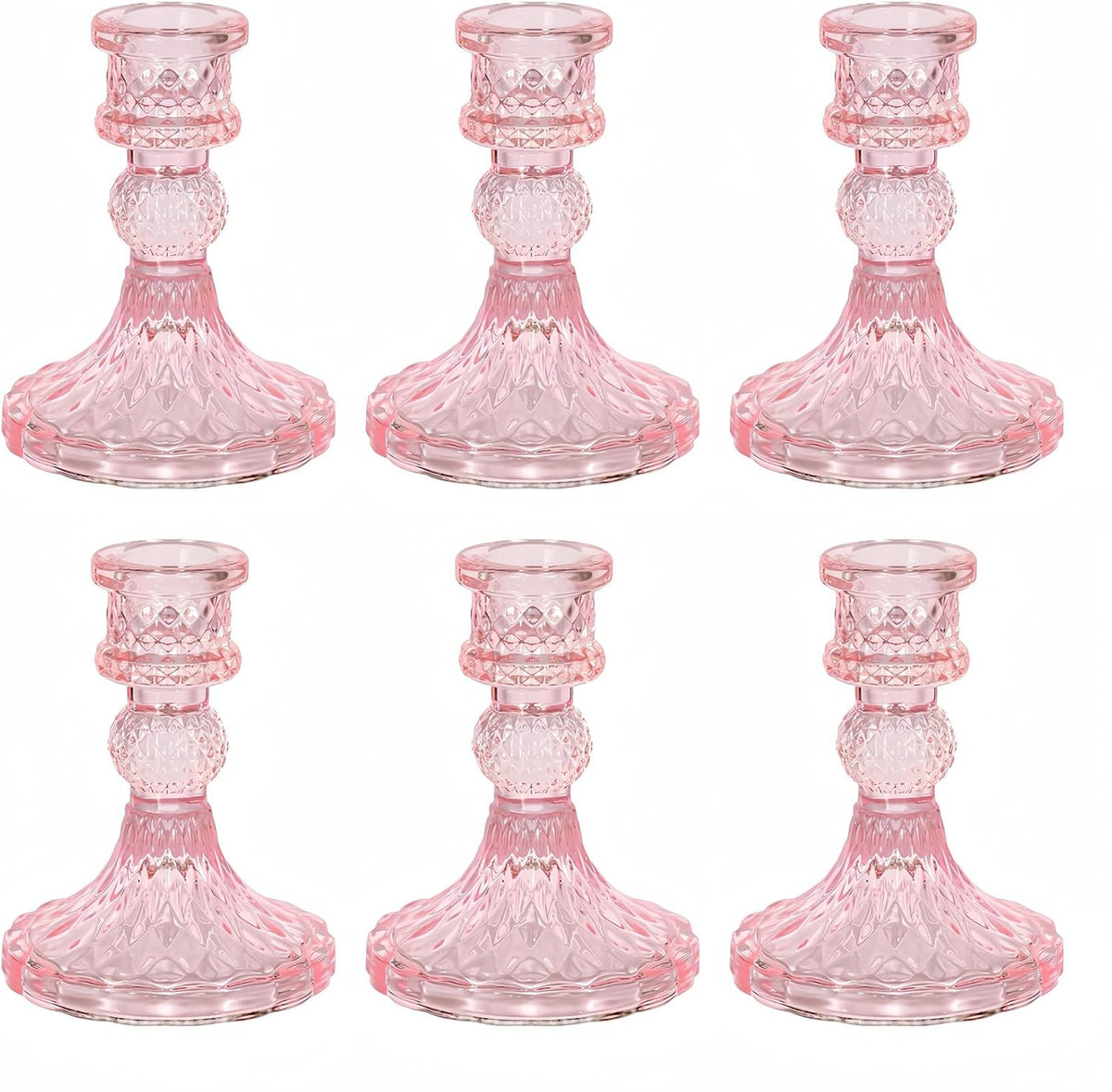 Pink Glass Candlestick Holders, Taper Candle Holders, Set of 6
