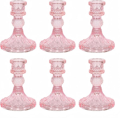 Pink Glass Candlestick Holders, Taper Candle Holders, Set of 6