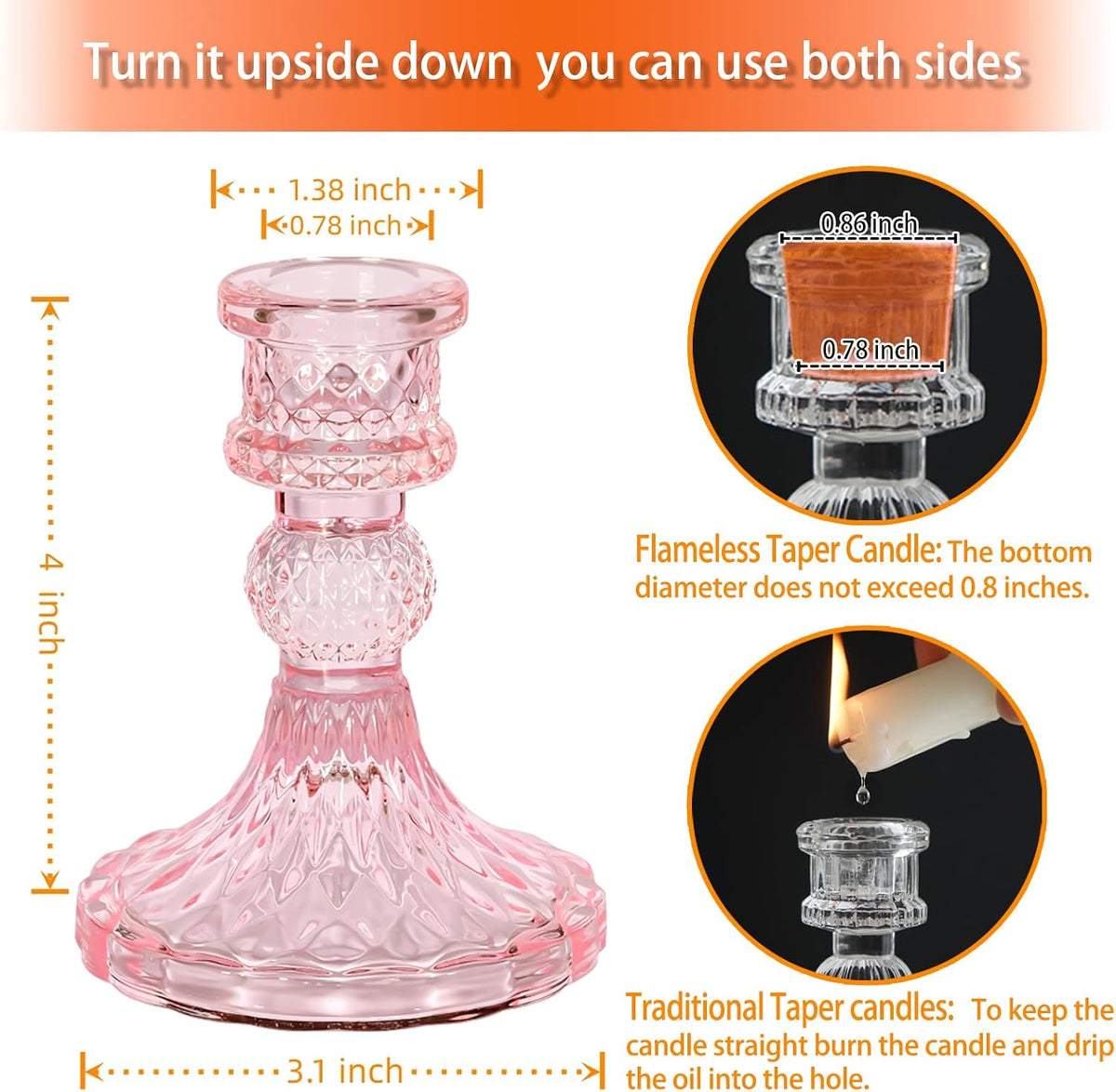 Pink Glass Candlestick Holders, Taper Candle Holders, Set of 6