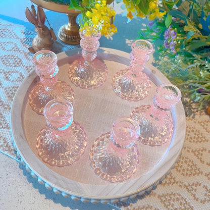 Pink Glass Candlestick Holders, Taper Candle Holders, Set of 6