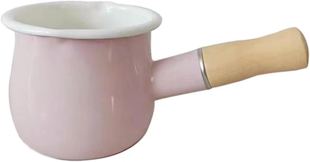 Enamel Milk Pot, Butter Warmer Non-stick Mini Saucepan, 4 Inch 17 Oz Small Cookware with Wooden Handle(Pink)