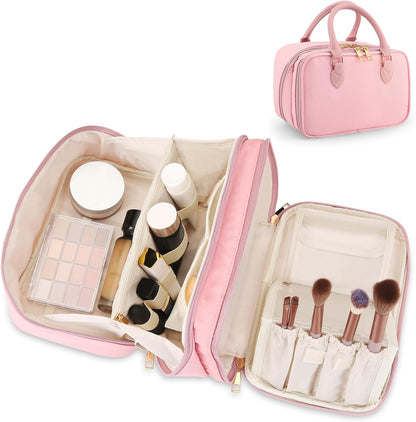 Travel Makeup Bag for Women Stand Up Cosmetic Toiletry Case, Pink
