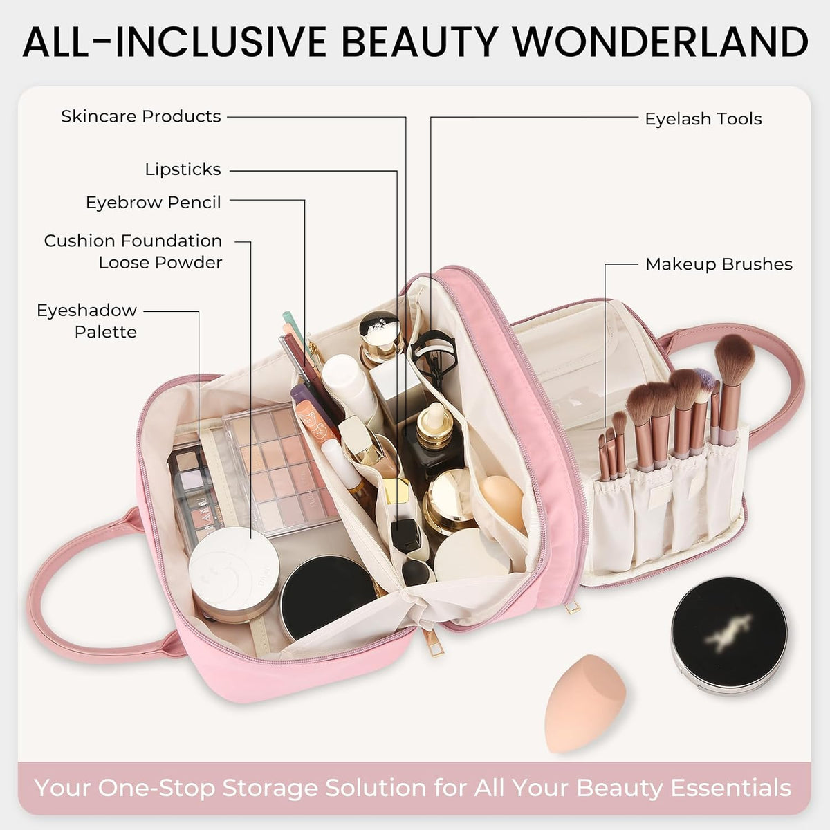 Travel Makeup Bag for Women Stand Up Cosmetic Toiletry Case, Pink