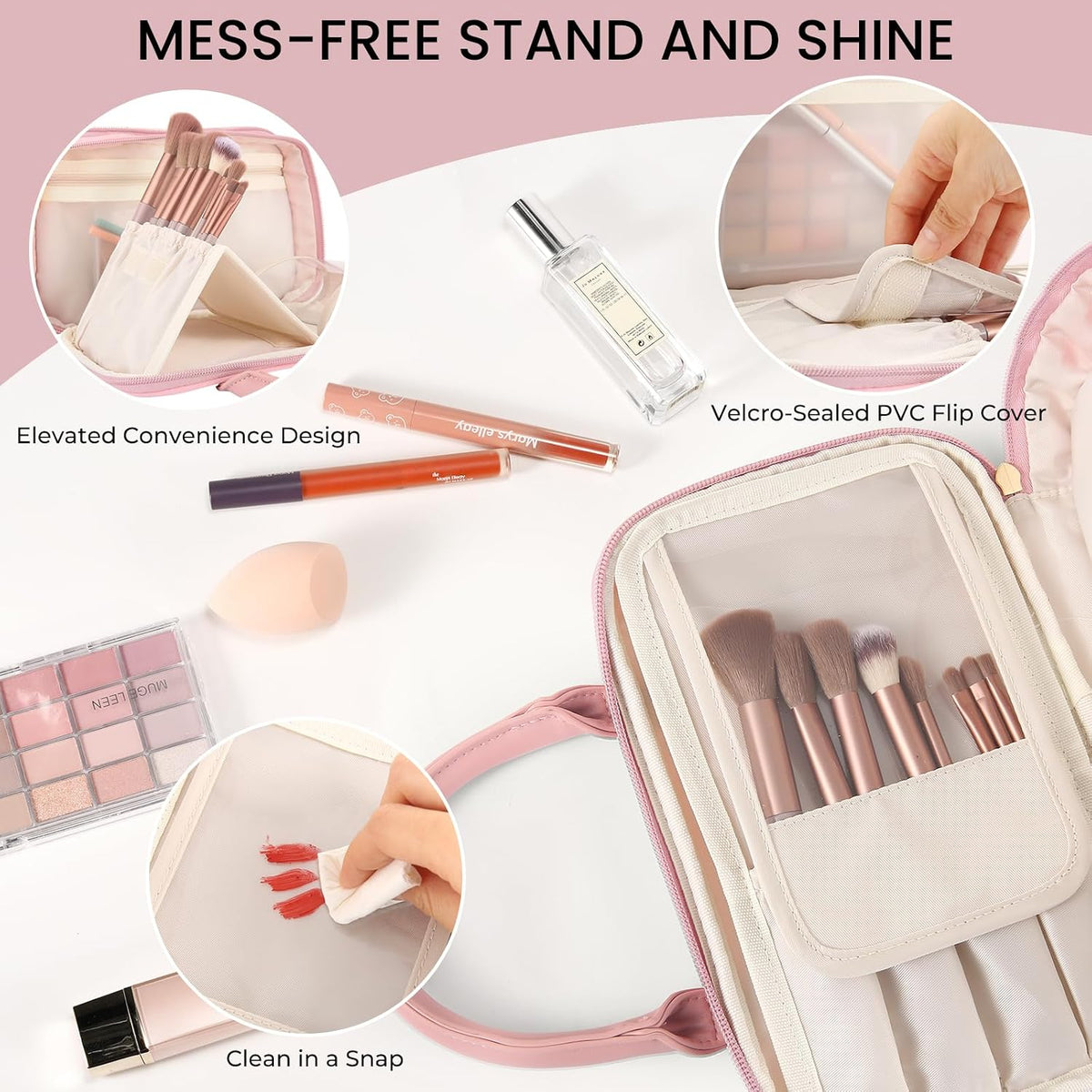 Travel Makeup Bag for Women Stand Up Cosmetic Toiletry Case, Pink