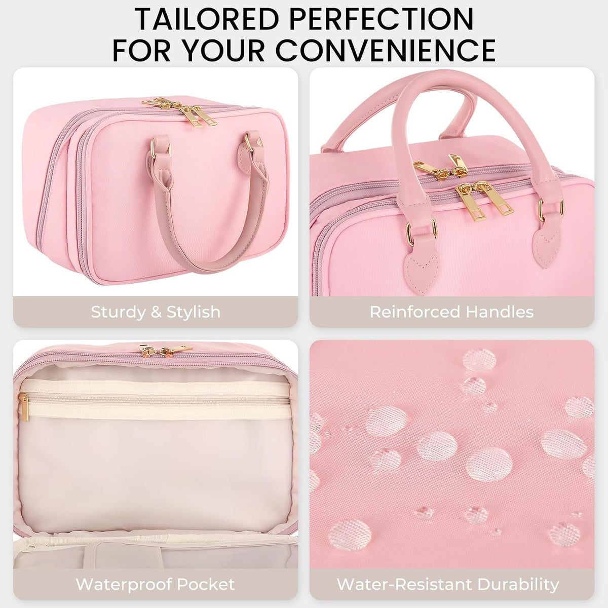 Travel Makeup Bag for Women Stand Up Cosmetic Toiletry Case, Pink