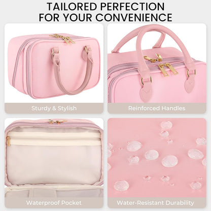 Travel Makeup Bag for Women Stand Up Cosmetic Toiletry Case, Pink