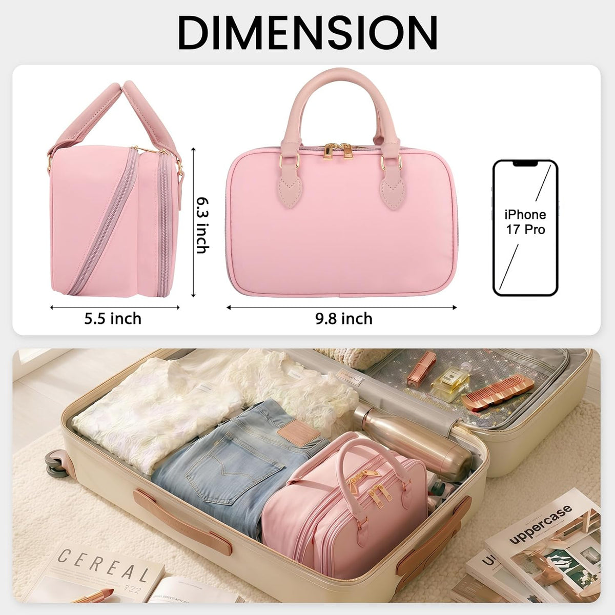 Travel Makeup Bag for Women Stand Up Cosmetic Toiletry Case, Pink