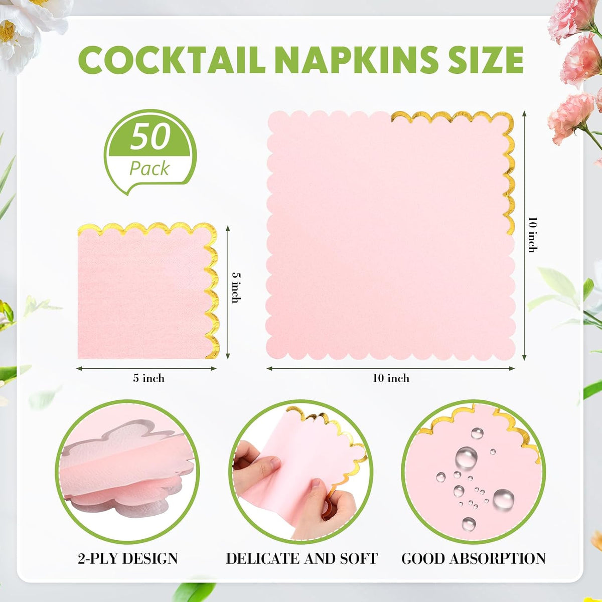 50 Pcs Scalloped Cocktail Paper Napkin, Pink, 5 x 5 Inch