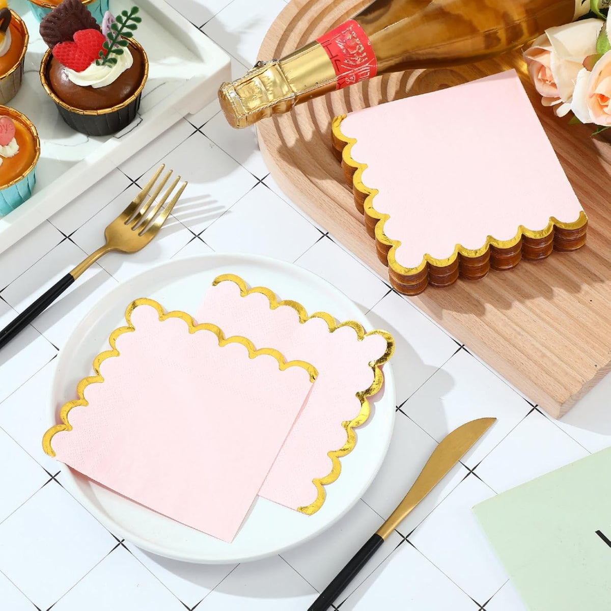 50 Pcs Scalloped Cocktail Paper Napkin, Pink, 5 x 5 Inch