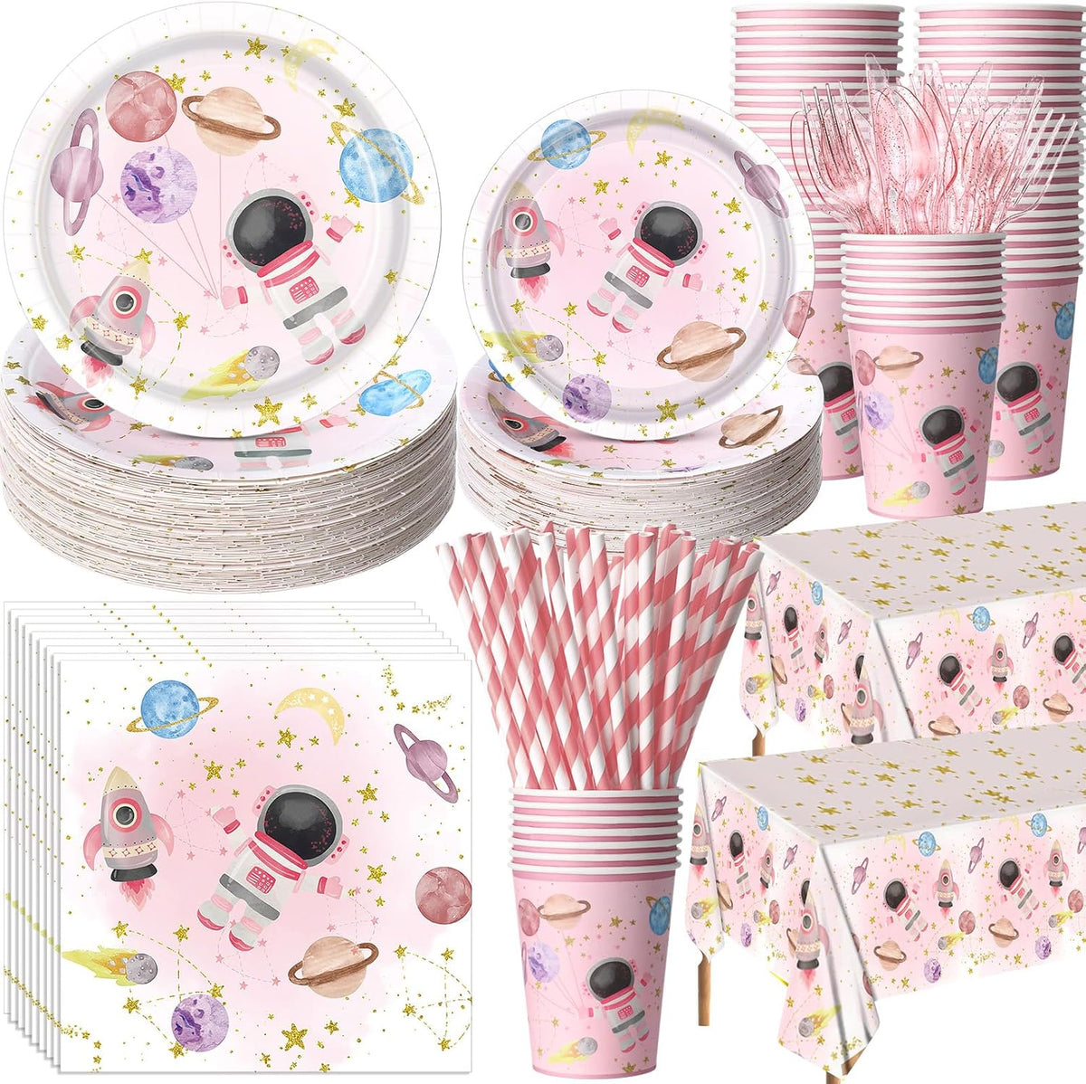452 Pcs Space Plates Napkins Party Supply, Light Pink