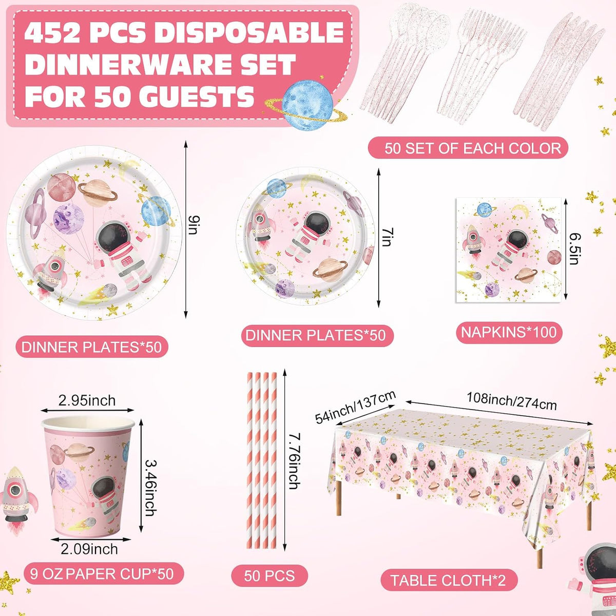 452 Pcs Space Plates Napkins Party Supply, Light Pink