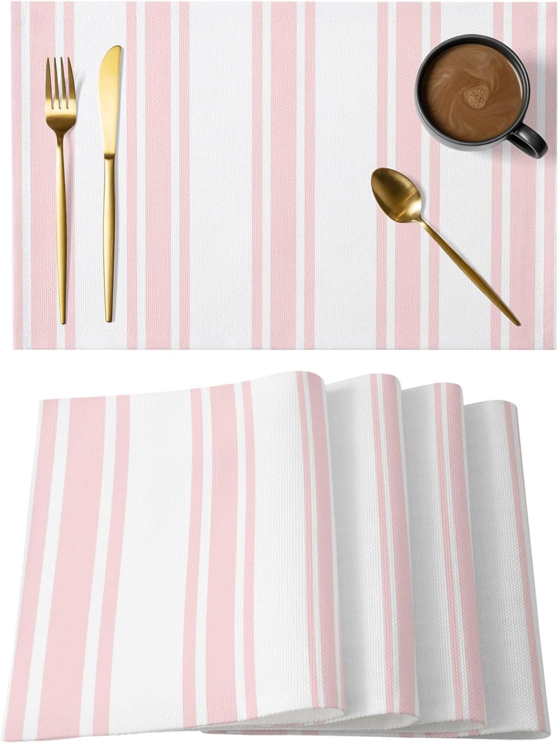 Pink Striped Placemats Set of 2, Cotton Linen Fabric Place Mats, Farmhouse Aesthetic Modern Stripes Washable Decorative Table Mats Protector for Home Kitchen Dining Wedding Party Coffee Tables
