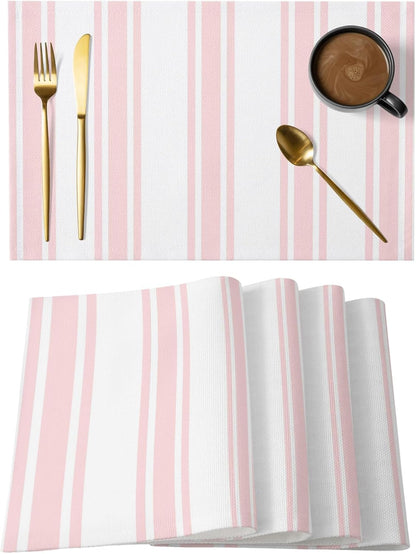 Pink Striped Placemats Set of 2, Cotton Linen Fabric Place Mats, Farmhouse Aesthetic Modern Stripes Washable Decorative Table Mats Protector for Home Kitchen Dining Wedding Party Coffee Tables