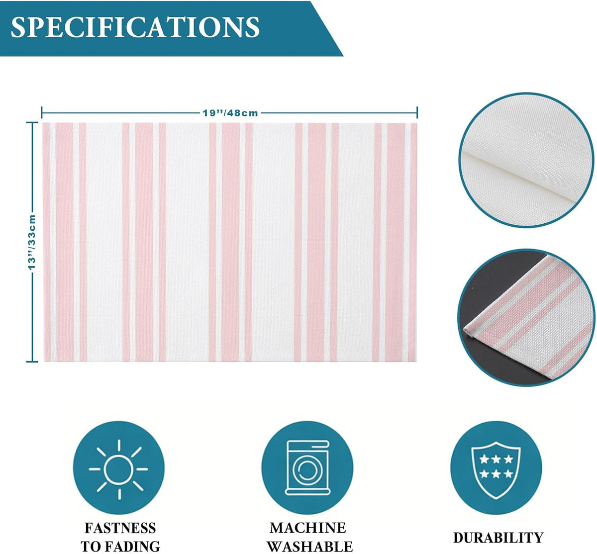 Pink Striped Placemats Set of 2, Cotton Linen Fabric Place Mats, Farmhouse Aesthetic Modern Stripes Washable Decorative Table Mats Protector for Home Kitchen Dining Wedding Party Coffee Tables