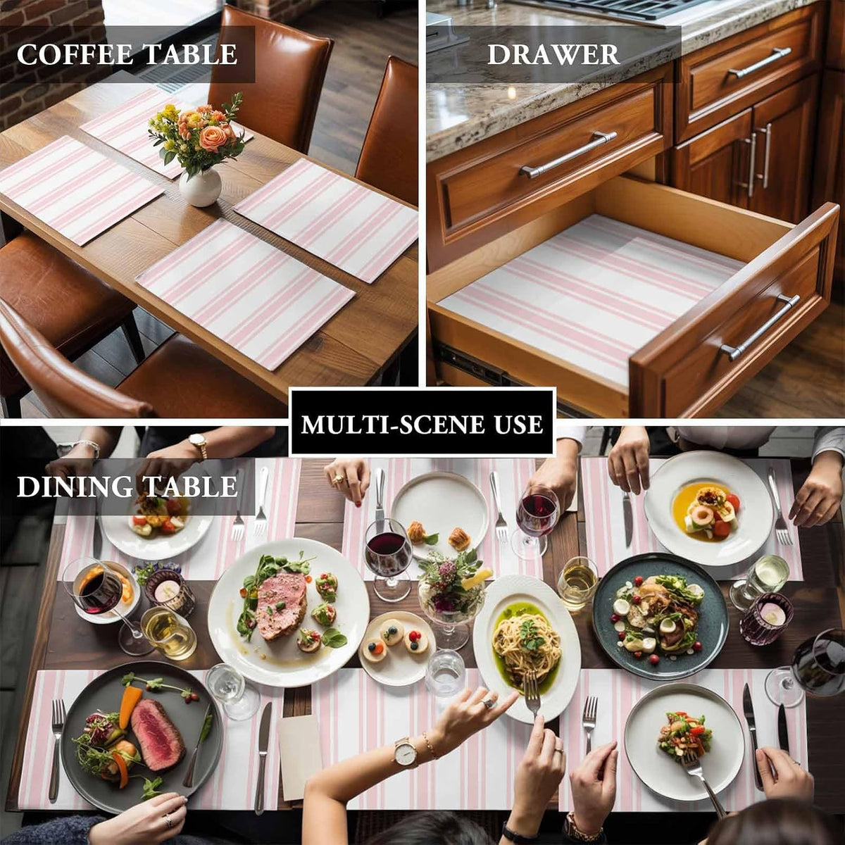 Pink Striped Placemats Set of 2, Cotton Linen Fabric Place Mats, Farmhouse Aesthetic Modern Stripes Washable Decorative Table Mats Protector for Home Kitchen Dining Wedding Party Coffee Tables