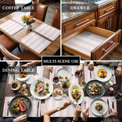 Pink Striped Placemats Set of 2, Cotton Linen Fabric Place Mats, Farmhouse Aesthetic Modern Stripes Washable Decorative Table Mats Protector for Home Kitchen Dining Wedding Party Coffee Tables