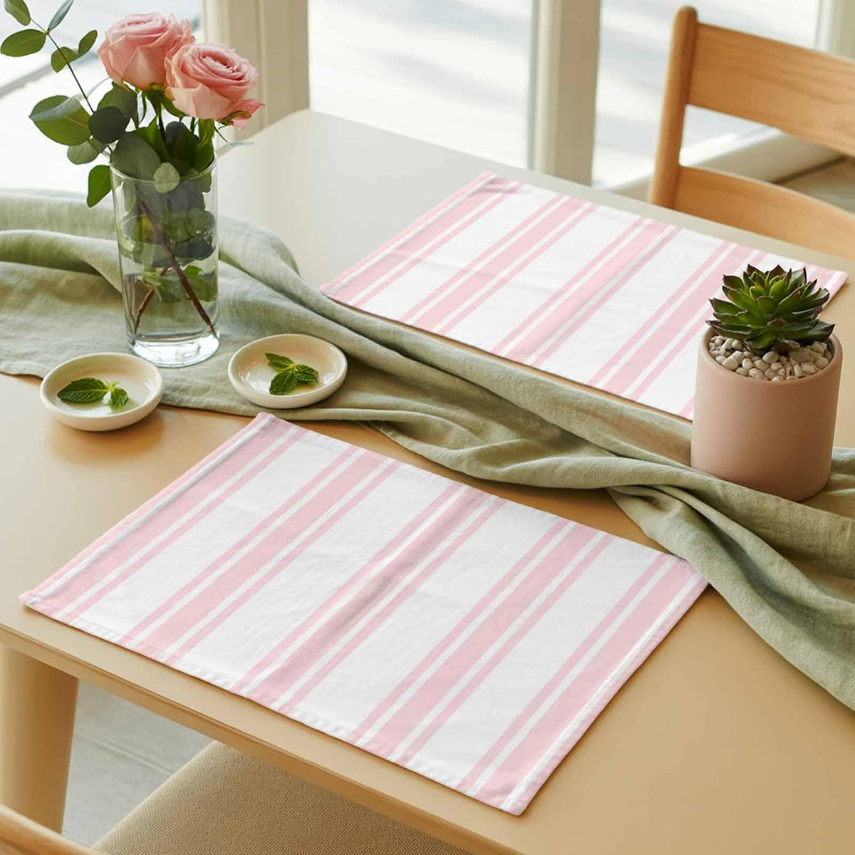 Pink Striped Placemats Set of 2, Cotton Linen Fabric Place Mats, Farmhouse Aesthetic Modern Stripes Washable Decorative Table Mats Protector for Home Kitchen Dining Wedding Party Coffee Tables