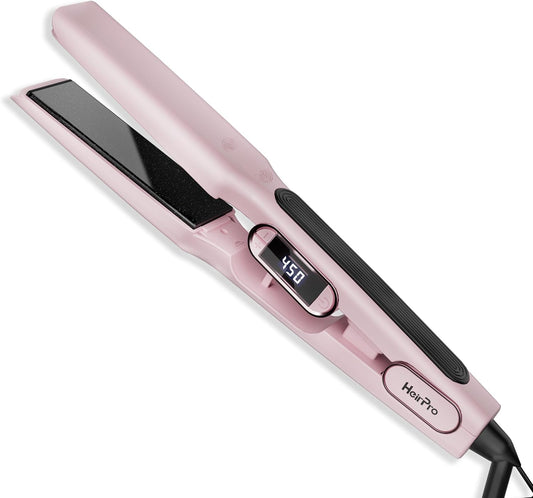 1 1/2 Inch Wide Plate Hair Straightener for Thick Hair, Ceramic Flat Iron for Faster Styling & Curling, Floating Plates for Smooth Frizz-Free Results, 15s Heat Up, Dual Voltage (Pink)
