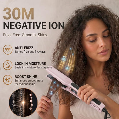1 1/2 Inch Wide Plate Hair Straightener for Thick Hair, Ceramic Flat Iron for Faster Styling & Curling, Floating Plates for Smooth Frizz-Free Results, 15s Heat Up, Dual Voltage (Pink)