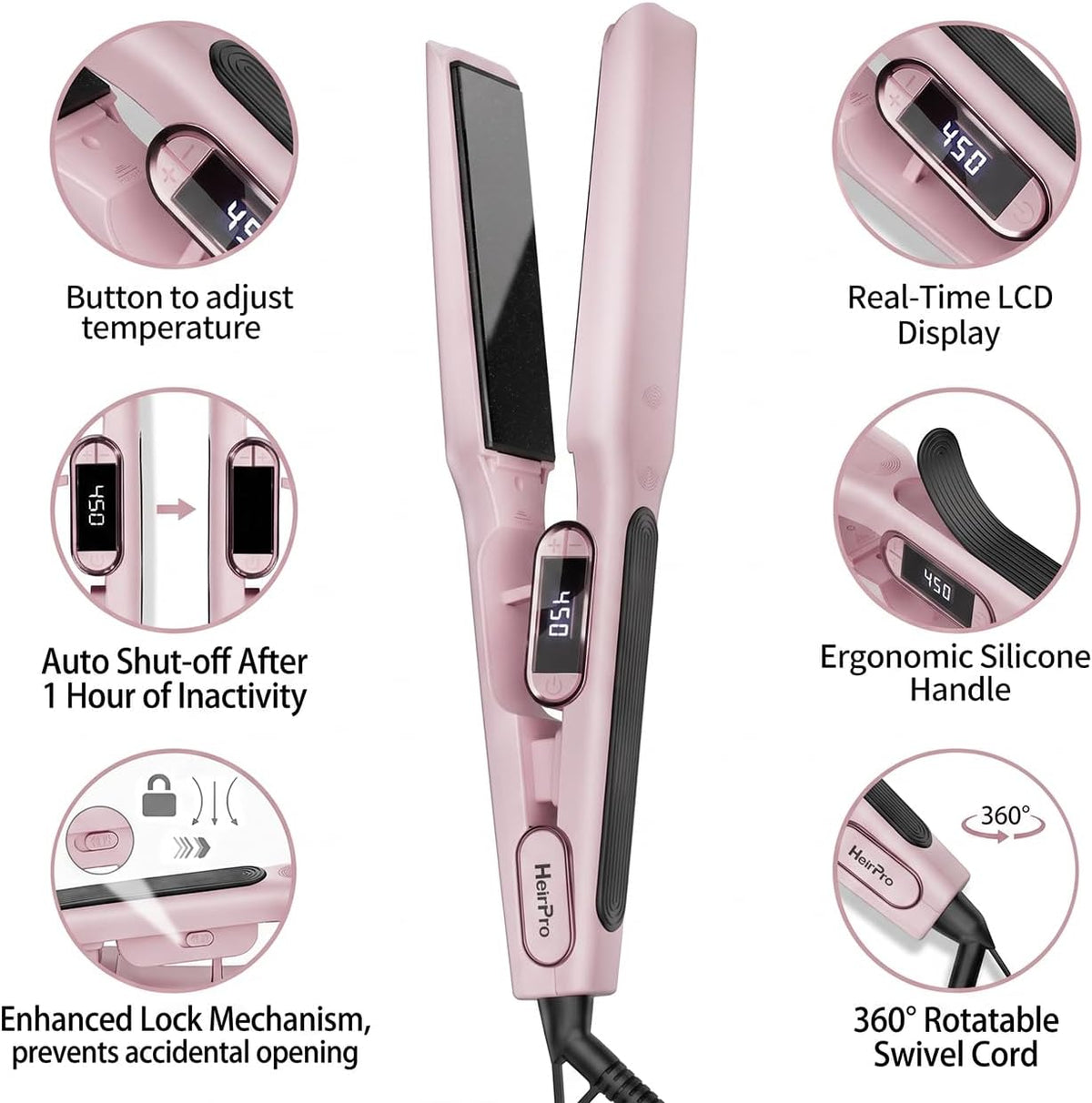 1 1/2 Inch Wide Plate Hair Straightener for Thick Hair, Ceramic Flat Iron for Faster Styling & Curling, Floating Plates for Smooth Frizz-Free Results, 15s Heat Up, Dual Voltage (Pink)