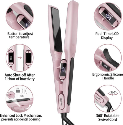 1 1/2 Inch Wide Plate Hair Straightener for Thick Hair, Ceramic Flat Iron for Faster Styling & Curling, Floating Plates for Smooth Frizz-Free Results, 15s Heat Up, Dual Voltage (Pink)