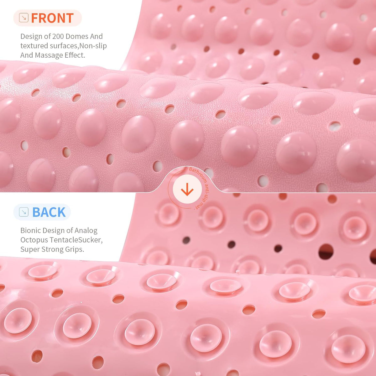 Anti-Slip Bathtub Shower Mat 40×16 Inch (100×40cm) Opaque Pink