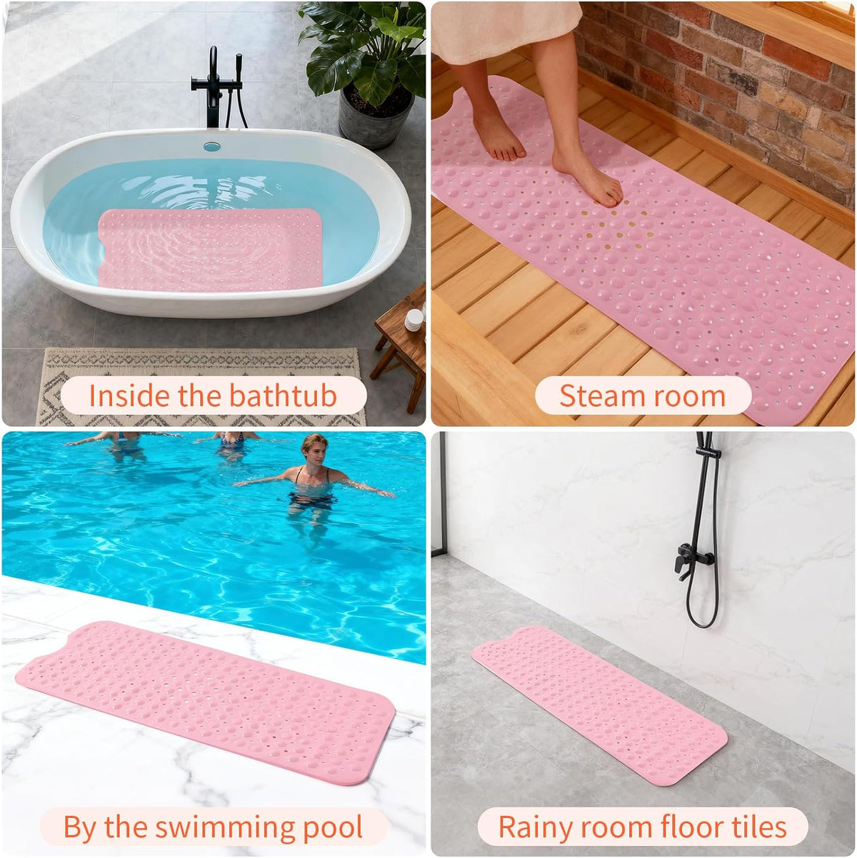 Anti-Slip Bathtub Shower Mat 40×16 Inch (100×40cm) Opaque Pink