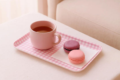 NR Non Slip Serving Tray with Picnic Gingham Check, Blush Pink, Microwave Safe Plastic Tray, 8.5 x 4.9 Inches, Ideal for Cafeteria, Restaurant, Cafes, Home, Placemat, Snacks, Drinks, More