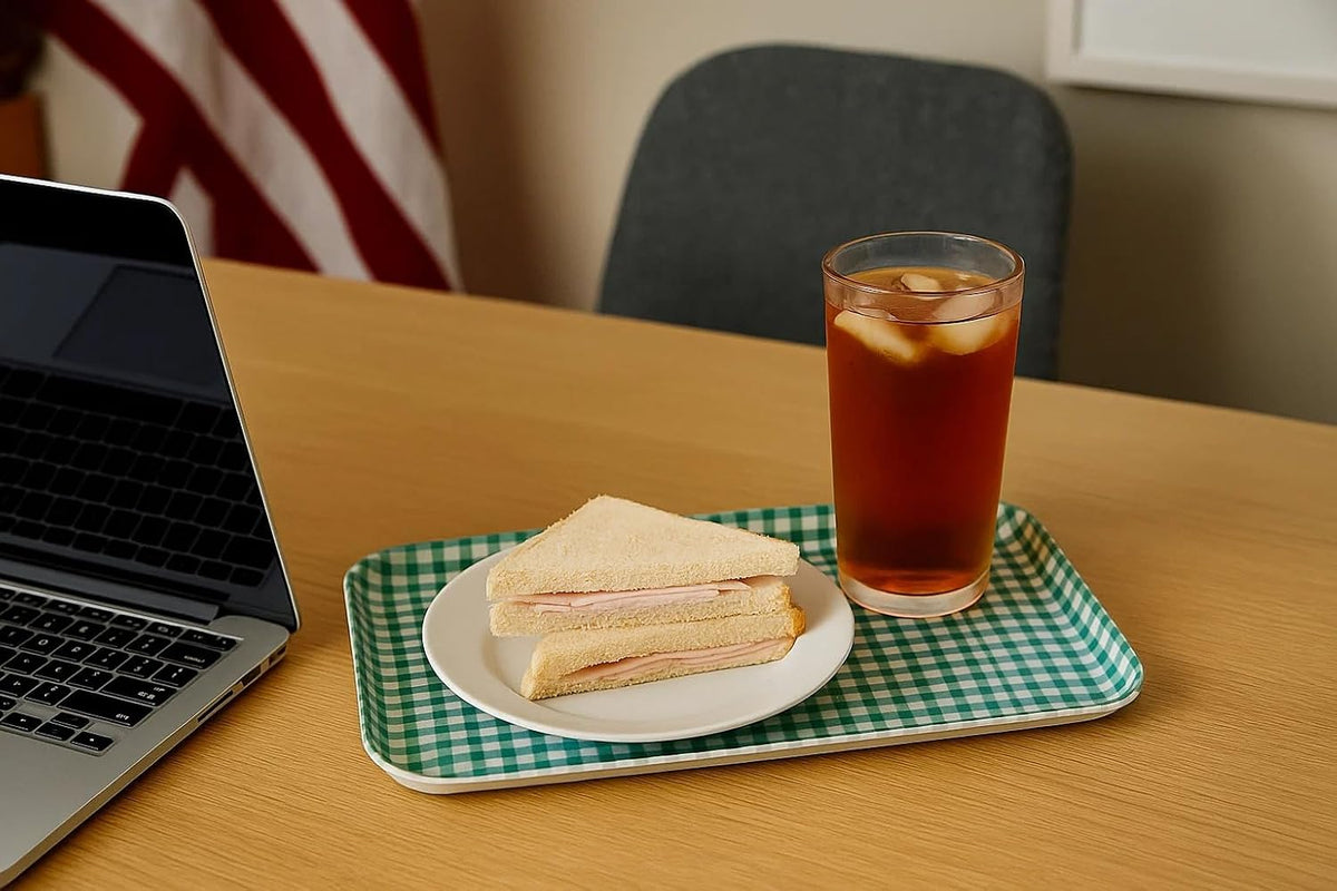 NR Non Slip Serving Tray with Picnic Gingham Check, Blush Pink, Microwave Safe Plastic Tray, 8.5 x 4.9 Inches, Ideal for Cafeteria, Restaurant, Cafes, Home, Placemat, Snacks, Drinks, More