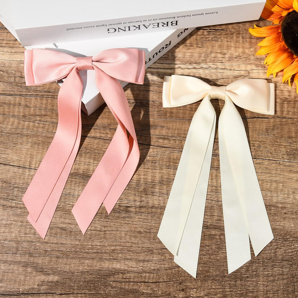 2PCS Silky Satin Hair Bows Hair Clip Beige Pink Hair Ribbon Ponytail Holder Accessories Slides Metal Clips Hair Bow for Women Girls Toddlers Teens Kids