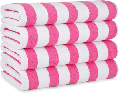 Cali Cabana Stripe Beach Towel - Pack of 4, Soft Quick Dry 100% Cotton Terry Towels Set for Pool, Swim, and Hot Tub, 30 x 60 in, Pink