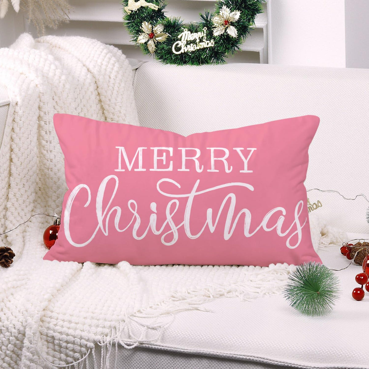 Pink Christmas Lumbar Pillow Cover 12x20 Inches for Xmas Decorations Merry Christmas Throw Pillow Covers Winter Holiday Cushion Case Decoration for Sofa Couch