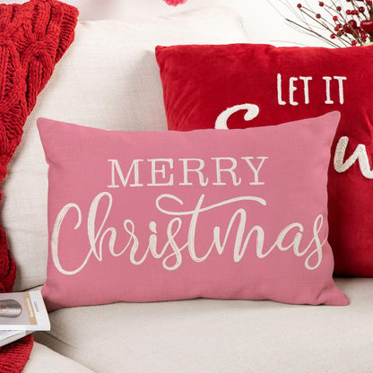 Pink Christmas Lumbar Pillow Cover 12x20 Inches for Xmas Decorations Merry Christmas Throw Pillow Covers Winter Holiday Cushion Case Decoration for Sofa Couch