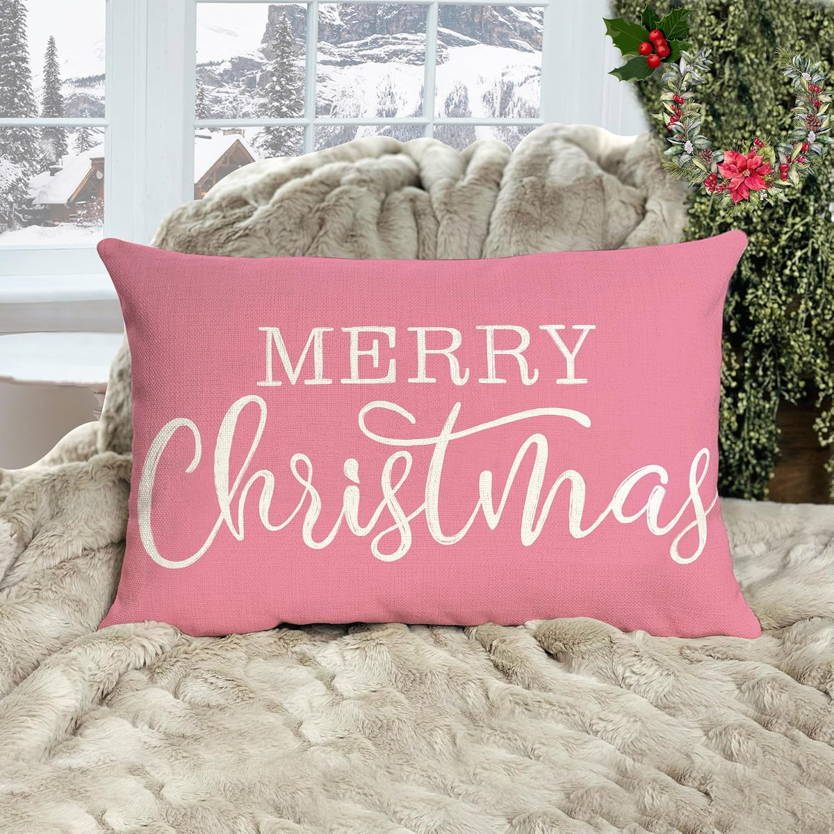 Pink Christmas Lumbar Pillow Cover 12x20 Inches for Xmas Decorations Merry Christmas Throw Pillow Covers Winter Holiday Cushion Case Decoration for Sofa Couch