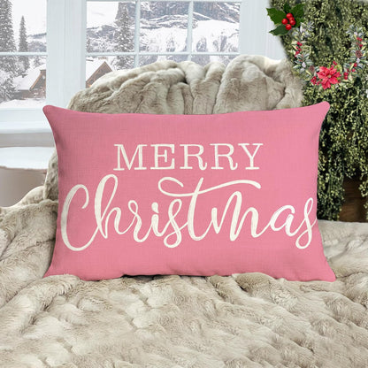 Pink Christmas Lumbar Pillow Cover 12x20 Inches for Xmas Decorations Merry Christmas Throw Pillow Covers Winter Holiday Cushion Case Decoration for Sofa Couch