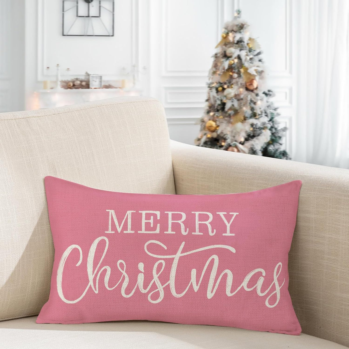 Pink Christmas Lumbar Pillow Cover 12x20 Inches for Xmas Decorations Merry Christmas Throw Pillow Covers Winter Holiday Cushion Case Decoration for Sofa Couch
