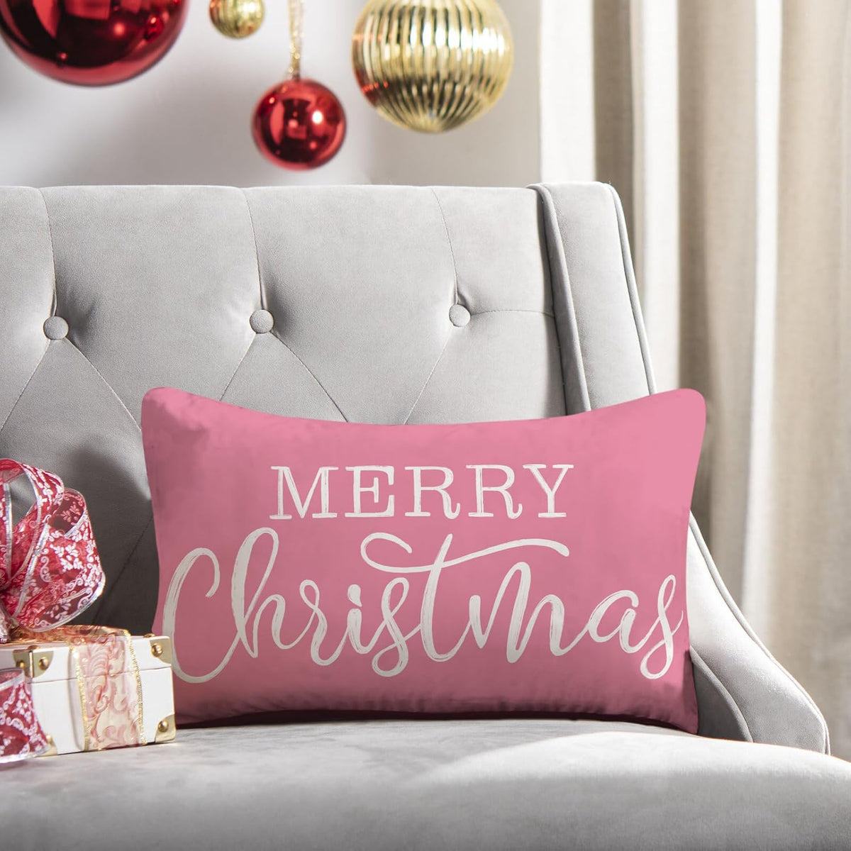 Pink Christmas Lumbar Pillow Cover 12x20 Inches for Xmas Decorations Merry Christmas Throw Pillow Covers Winter Holiday Cushion Case Decoration for Sofa Couch