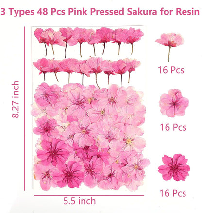 48 Pcs Mix Natural Dried Pressed Cherry Blossoms for Floral Cake Decorating, Cocktail Garnish, Resin Jewelry Making, DIY Art Crafts (Pink Sakura)