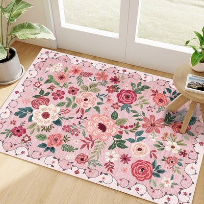 2x3 Entryway Rug, Floral Door Mat Soft Washable Rug Non Slip, Pink